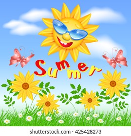 Smiling sun in glasses with daisy and butterflies