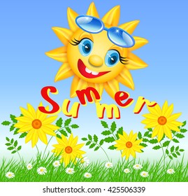 Smiling sun in glasses with inscription summer 