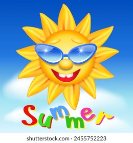 Smiling sun in glasses on blue sky with clouds background and inscription. Summer holiday concept.