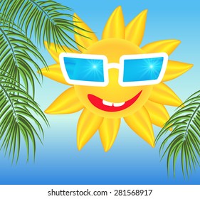 Smiling sun in glasses on blue background with palm branches