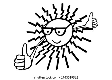 The smiling sun with glasses stretched out his hands with his thumbs up. Summer. Holidays. The gesture of the sun showing everything is awesome, well,amazing. Travel icon, logo, sign.Hand drawn vector