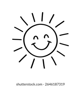 Smiling sun graphic with hand drawn line art. Sunshine icon represents a sunny day. Black lines on a white background