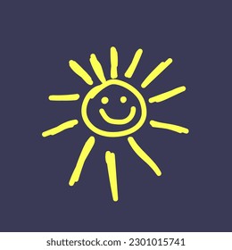 Smiling sun hand drawn. Child cartoon sun outline icon element on blue background. Vector eps10 illustration.