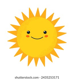 Smiling sun. Happy textured sun with face. Design element for prints, cups, plates, dishes, t-shirts and stickers for kids