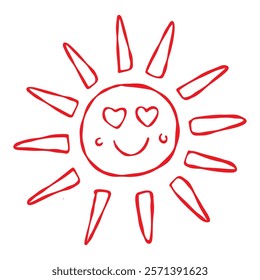 A smiling sun with heart eyes. Hand drawn doodle. Red contour isolated on a white background. Love, ecology, nature, Valentine s day, anniversary, cards, prints, stickers, web design, blogs