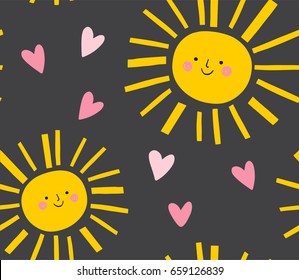 Smiling sun and hearts pattern. Vector seamless cute background. Summer cartoon kids design for fabric.