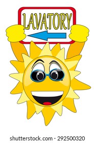 smiling sun holds the banner "Lavatory"