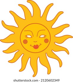 Smiling sun icon on white background. Retro groovy art. 