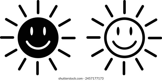 Smiling sun icon set in two styles isolated on white background . Happy smiling sun icon vector . Funny sun icon