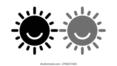 Smiling sun icon vector set. happy sunny weather symbol. black silhouette and outline with stripes