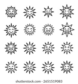 Smiling sun icons on white isolated background