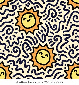 Smiling sun illustration with abstract blue doodle surroundings.