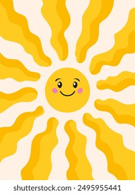 Smiling sun kawaii comic character. Happy summer poster in flat style. Vector illustration childish clip art element. Hand drawn vector illustration of funny sun