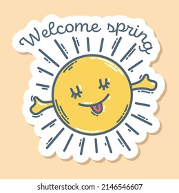 Lächelnde Sonne und Buchstaben Begrüßungsfeder, handgezeichneter Doodle-Aufkleber. Farbiges Symbol und Element