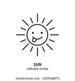 Smiling sun line icon. Summer vector symbol. Editable stroke.