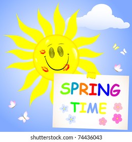 Smiling sun with lip print and placard. Vector illustration.