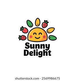 A smiling sun logo surrounded by various fruits and vegetables, perfect for healthy lifestyle branding, and perfect for farm shops and markets