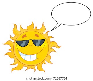 Smiling Sun Mascot Cartoon Character With Sunglasses And Speech Bubble
