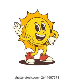 Smiling sun mascot in retro cartoon style with waving gesture, bright colors, and expressive face perfect for summer-themed design, branding or graphics. Vector illustration