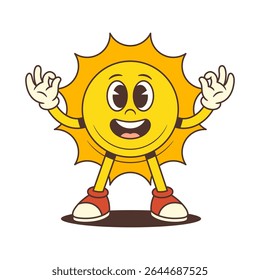 Smiling sun mascot standing with wide legs and arms raised showing OK gesture in vintage cartoon style. Suitable for summer promotions, children’s content, and branding. Vector illustration