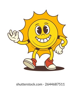 Smiling sun mascot in vintage cartoon style walking confidently and showing OK hand sign. Suitable for summer branding, kids content, and positive designs. Vector illustration