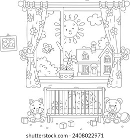 Smiling sun in a nursery window with pretty curtains and a cute newborn baby lying in a small cot among funny toys, black and white outline vector cartoon illustration for a coloring book