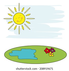 smiling sun on a blue sky shines above the clearing with a small lake and flowers