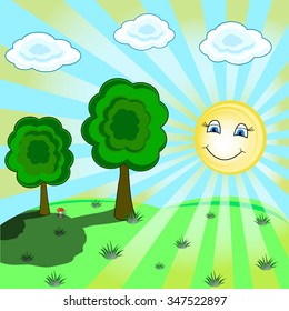 smiling sun on green meadow with trees