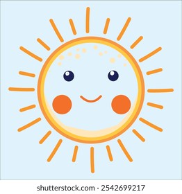 Sol Sonriente Con Mejillas Y Rayos Naranjas. Un sol de dibujos animados con una cara sonriente, mejillas naranjas y rayos amarillos sobre un fondo azul claro.