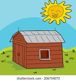 Smiling sun over barn with open window and counter