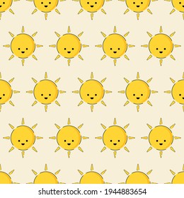 Smiling Sun Pattern. Seamless Yellow Sun Cute Face.