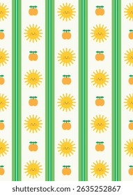 Smiling sun and peach seamless pattern design. Vector illustration.