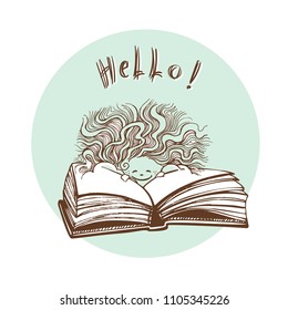 A smiling sun peeps out from behind an open book. Never stop reading. Hand drawn vector illustration.