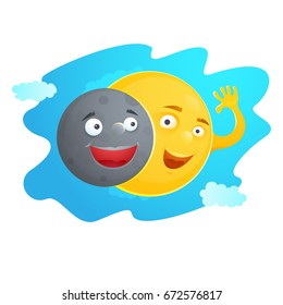 Smiling Sun peeps out from behind the Moon, solar eclipse concept design, vector illustration in cartoon style