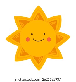 Sol sorridente com bochechas rosadas e raios solares agudos. Estilo de desenho animado divertido e amigável para projetos infantis. Ícone Sun