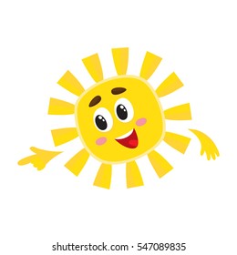 Smiling sun pointing to something with its finger, cartoon vector illustration isolated on white background. Cheerful sun character, symbol of summer season, hot weather and vacation at the sea