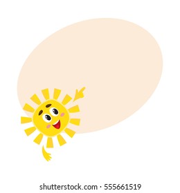 Smiling sun pointing to something with its finger, cartoon vector illustration on background with place for text. Cheerful sun character, symbol of summer season, hot weather and vacation at the sea