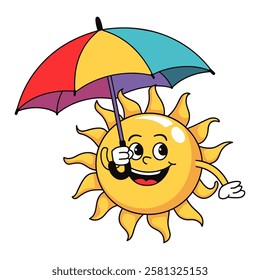 Smiling Sun with Rainbow Umbrella Cartoon Illustration