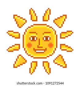 Smiling sun with rays, cartoon pixel art character isolated on white background. Center of the Solar System. Hot weather symbol. Beach vacation sign. Summer icon. Sunscreen logo. 8 bit game graphics.