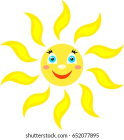 Smiling sun with rays of different shapes. Large curved rays.Icons on a white background. Vector image in a cartoon style.