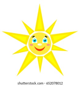 Smiling sun with rays of different shapes. Big and small rays like a five-pointed star. Icons on a white background. Vector image in a cartoon style.