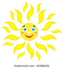 Smiling sun with rays of different shapes.Large and small curved rays.  Icons on a white background. Vector image in a cartoon style.