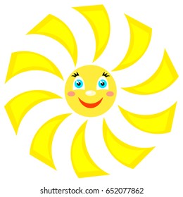 Smiling sun with rays of different shapes.Triangular rays turned to the left. Icons on a white background. Vector image in a cartoon style.