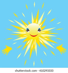 smiling sun rays palm isolated art vector illustration blue background