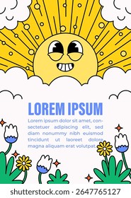 Sol sorridente surgindo atrás das nuvens com flores e plantas abaixo. Ideal para design infantil, positividade ou cartaz com tema de primavera em vetor de estilo cartoon