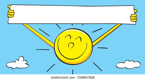 smiling sun showing and holding an empty banner, good mood poster, smile, positiv thoughts, antidepressants