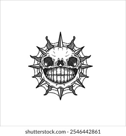 Smiling sun skull hand drawn illustration artwork