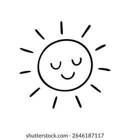 Smiling Sun with sleepy eyes is illustrated with simple hand drawn lines. Radiating warmth in a minimal, vector style, perfect for various creative projects