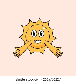 smiling sun stretch out both hands offer hugs old school retro style cartoon vector illustration