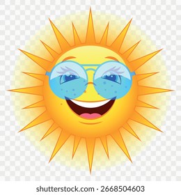 Sol sonriente con gafas de sol. Ilustración vectorial Infantil